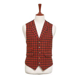Mens Vest 44R Red Black Tartan Plaid Wool Lapel Waistcoat Formal Wedding Party